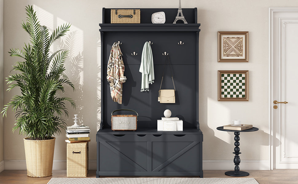 Modern Entryway Bench with Coat Hooks and Storage