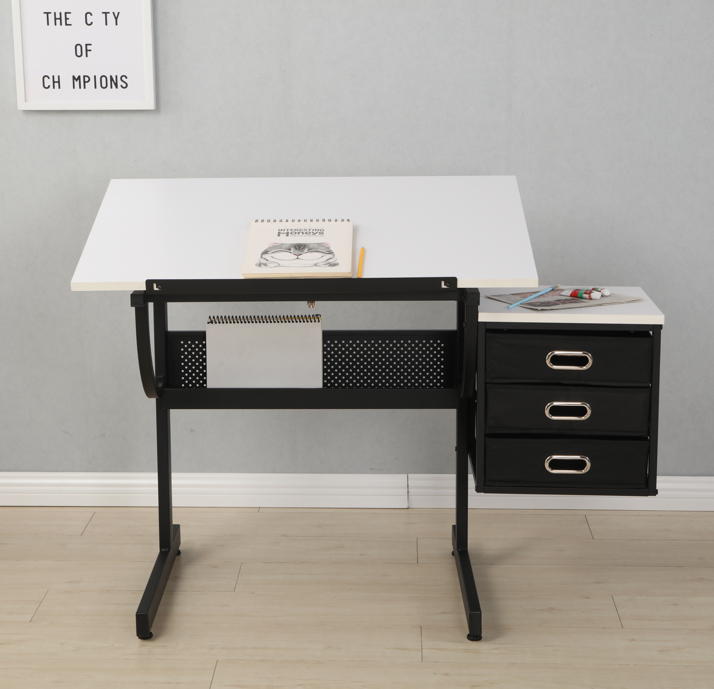 Stylish Adjustable Drafting Table Set with Stool & Storage