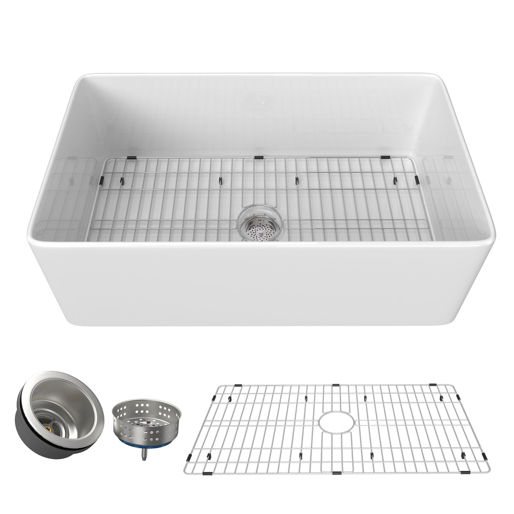 Chic White Farmhouse Kitchen Sink with Drain & Grid