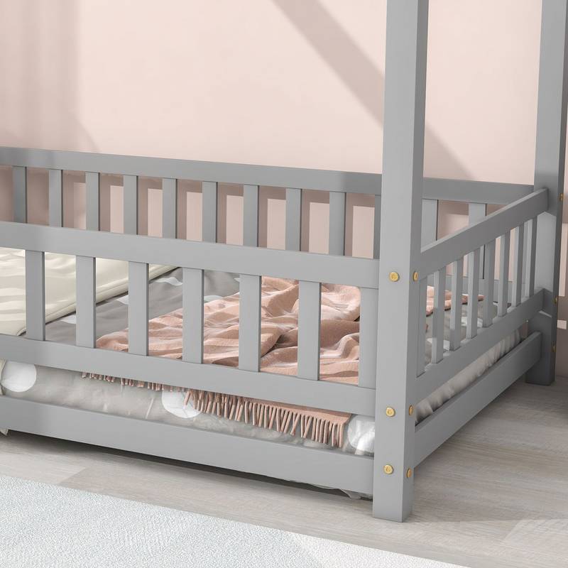 Cozy House-Style Twin Bed with Guardrails in Grey