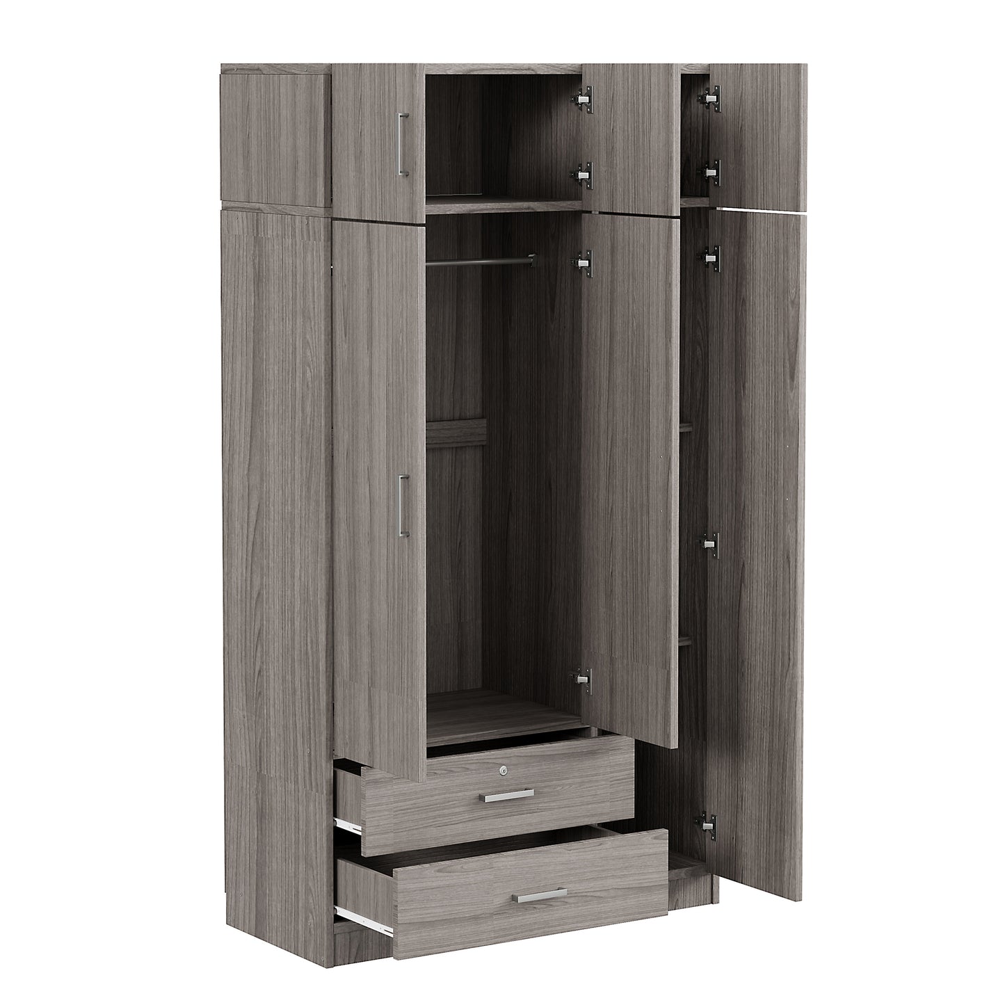 Stylish Gray 3-Door Wardrobe with Drawers and Cabinet