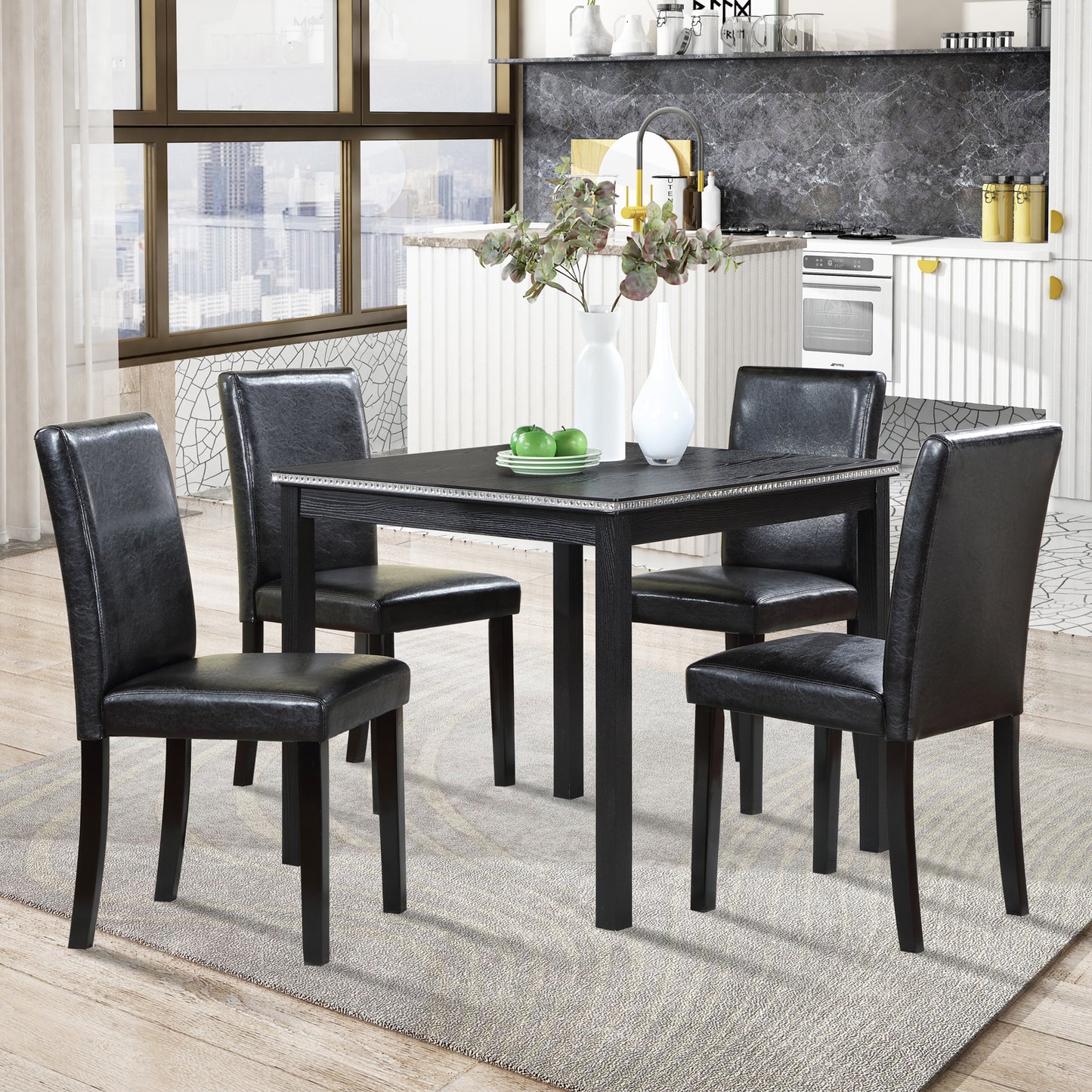 Chic Black Wooden Dining Set with Plush Chairs