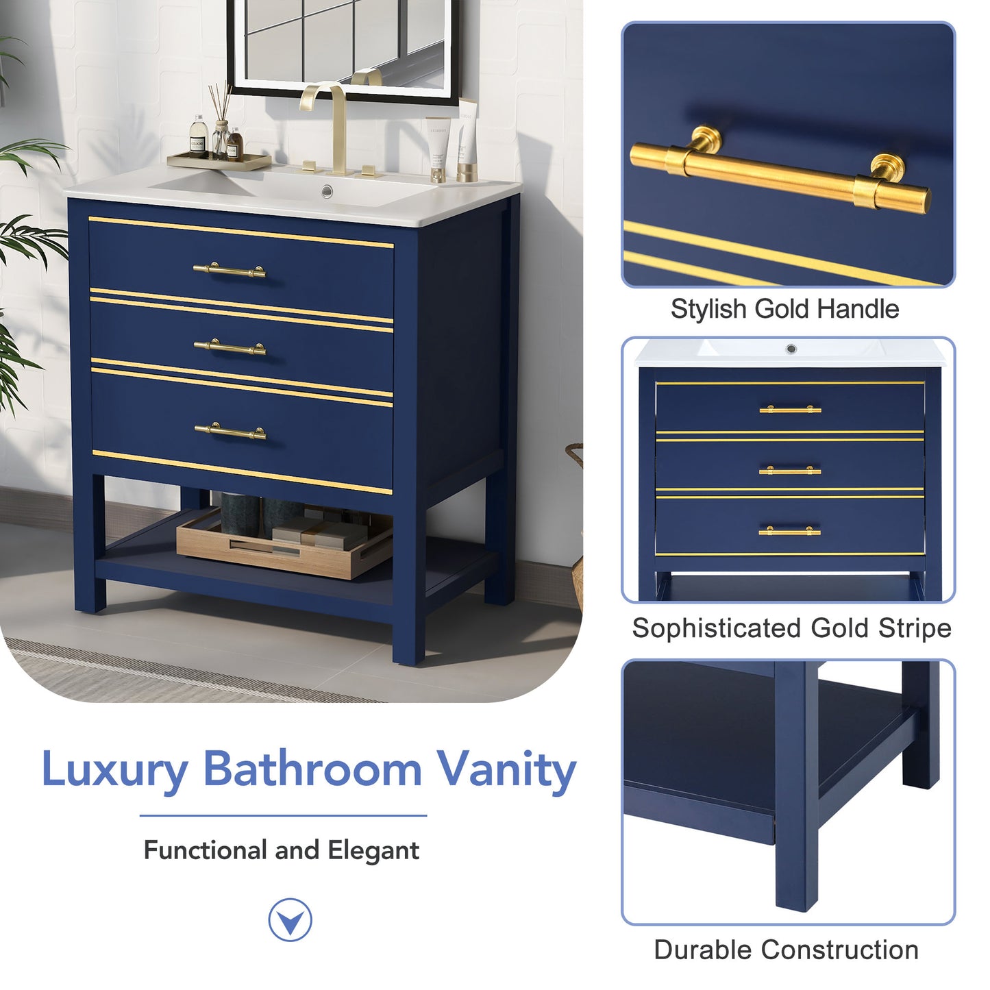 Navy Chic Bathroom Vanity with Open Storage