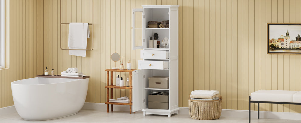 Chic Tall Bathroom Cabinet with Glass Doors & Adjustable Shelves