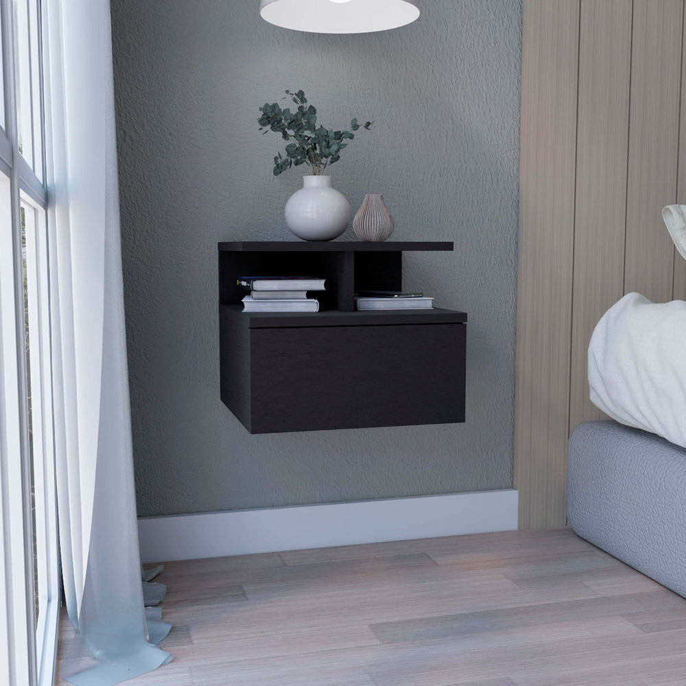 Sleek Floating Nightstand with Drawer & Shelf - Black