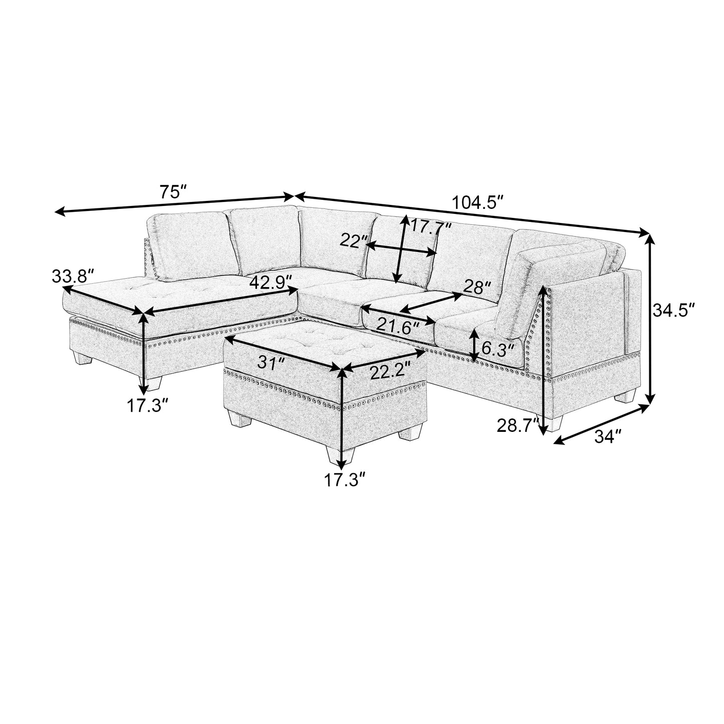 Cozy Gray Reversible Sectional Sofa with Storage Ottoman