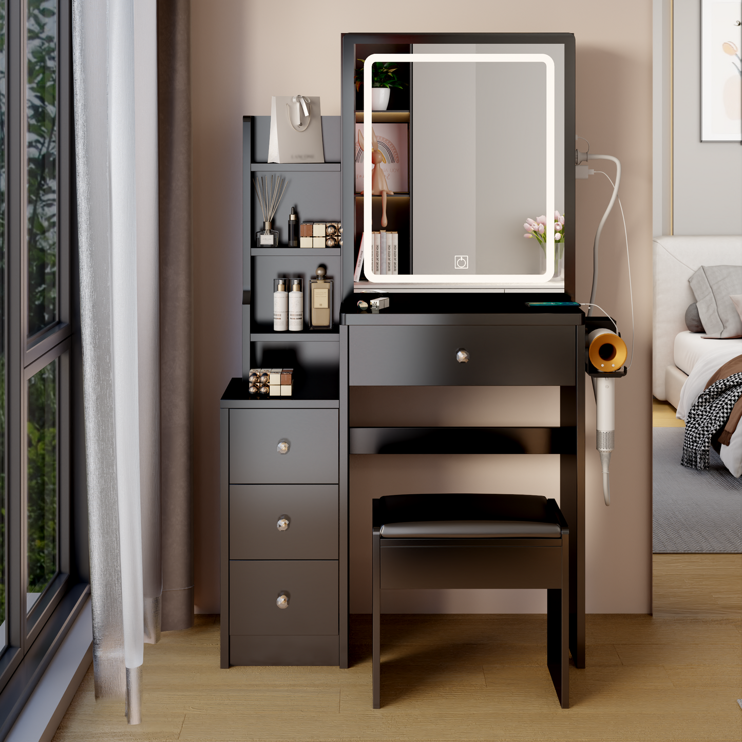 Chic Bedside Vanity with LED Mirror & Power Station