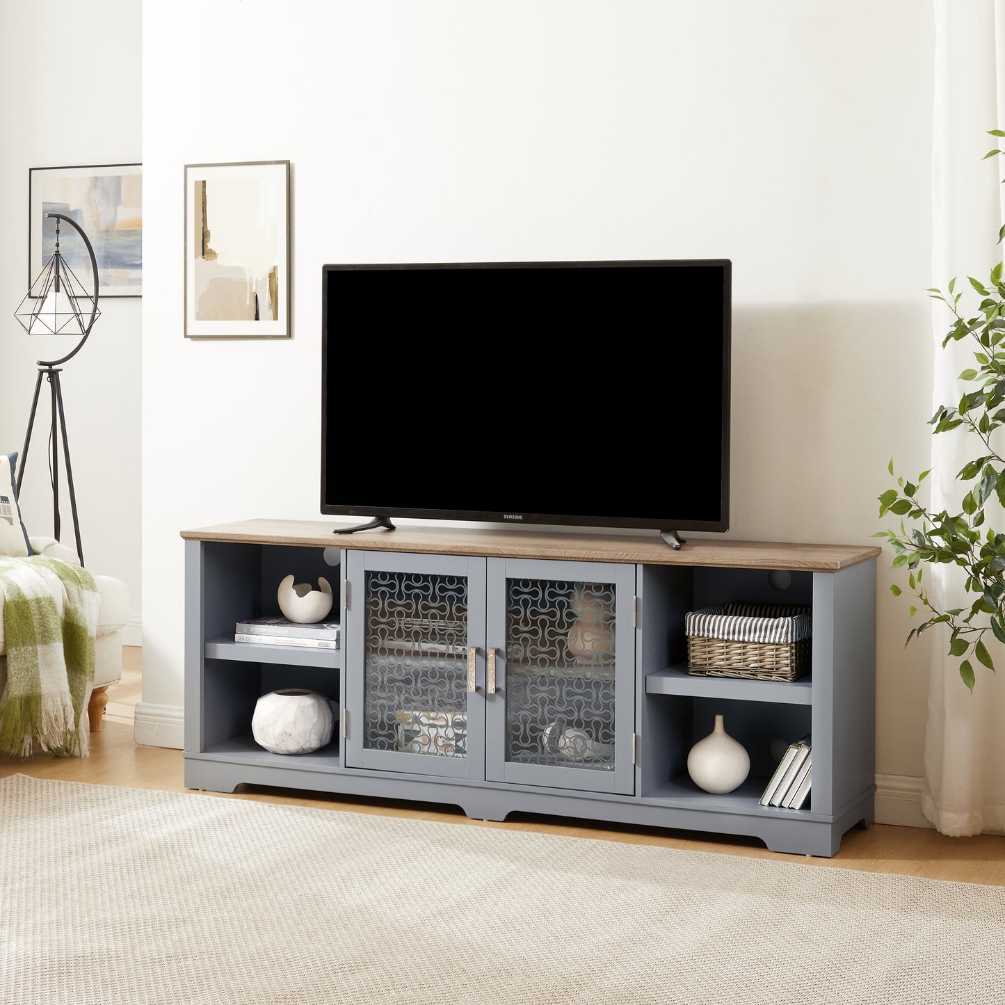 Charming Coastal TV Stand with Glass Doors