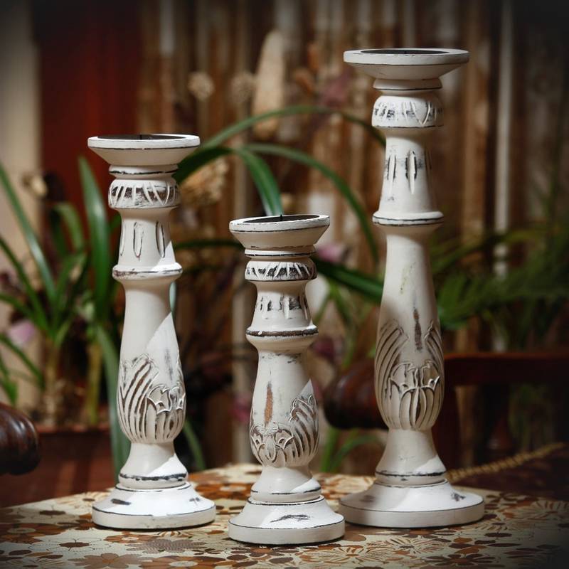 Charming White Mango Wood Candle Holders - Set of Three