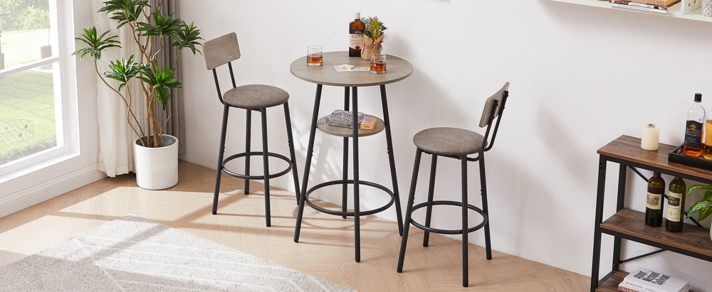 Cozy Grey Round Bar Stool Set with Backrest and Shelf