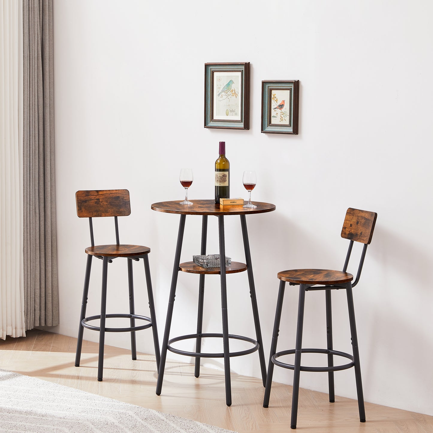 Rustic Round Bar Stool Set with Backrest and Shelves