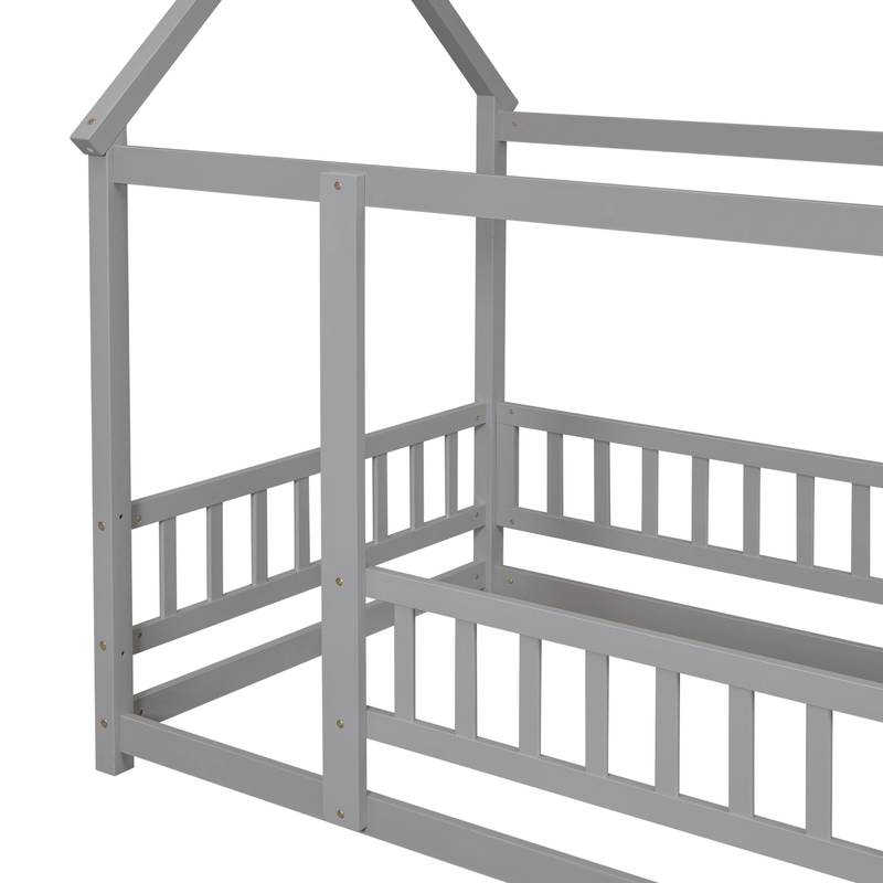 Cozy House-Style Twin Bed with Guardrails in Grey