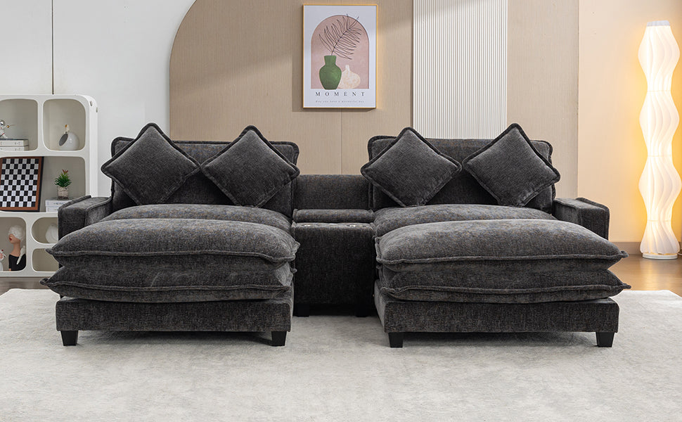 Cozy Black Chenille Sectional Sofa with Ottomans and USB Ports