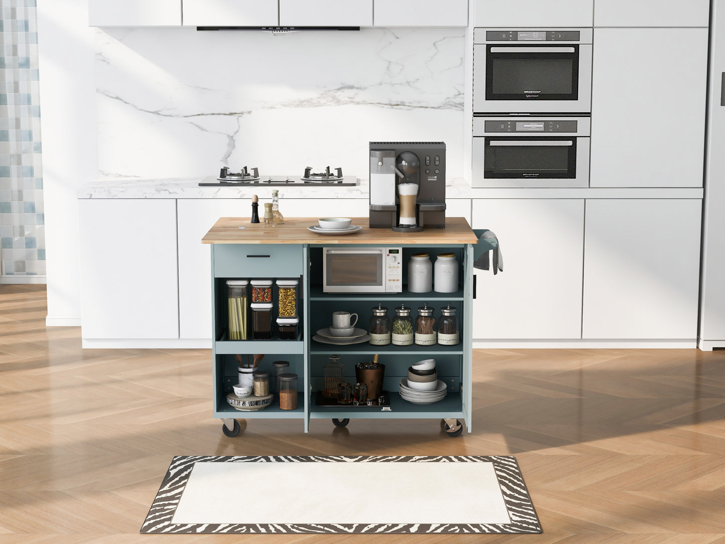 Rolling Kitchen Island with Foldable Top and Storage