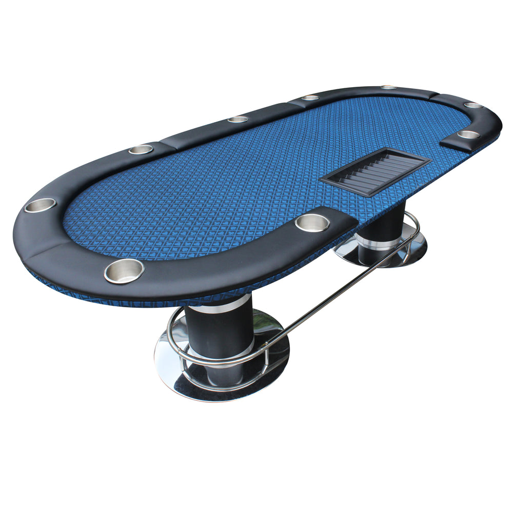 Blue Oval Poker Table with Detachable Armrests and Chip Tray