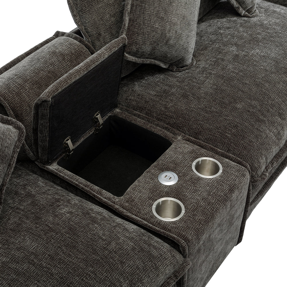 Cozy Black Chenille Sectional Sofa with Ottomans and USB Ports