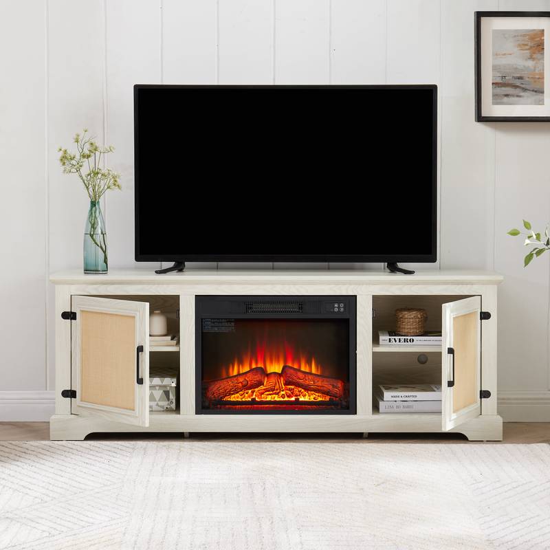 Cozy Farmhouse Rattan TV Stand with Fireplace Insert