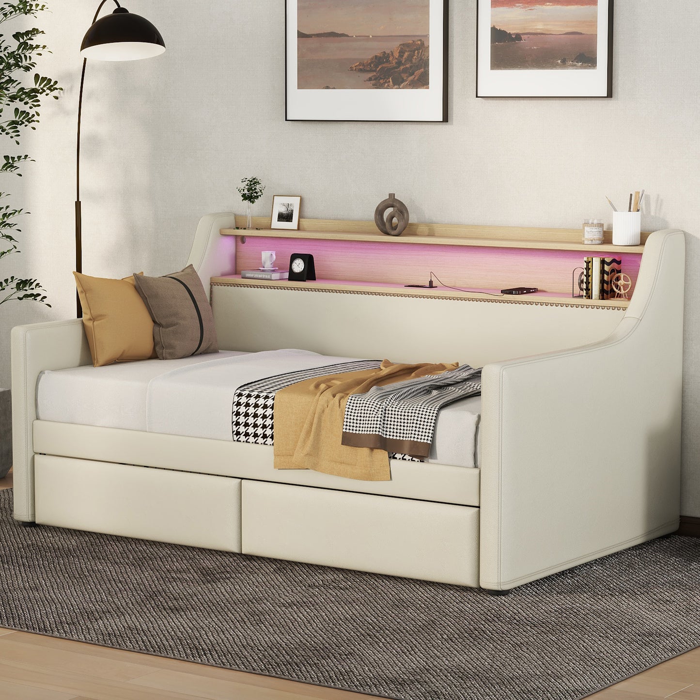 Cozy Beige Daybed with Storage & LED Lights