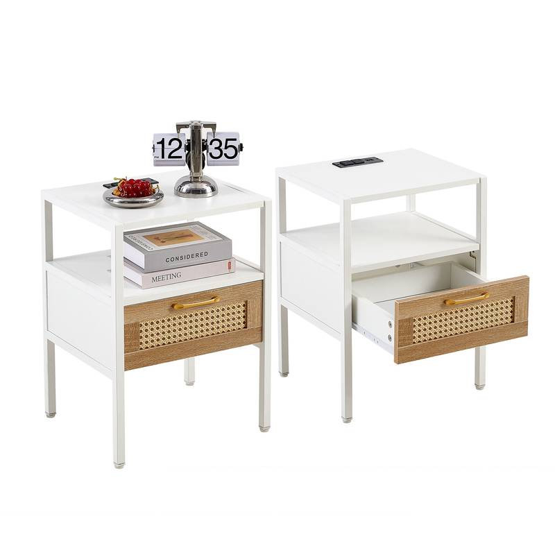 Chic Rattan Side Tables with USB Power and Storage