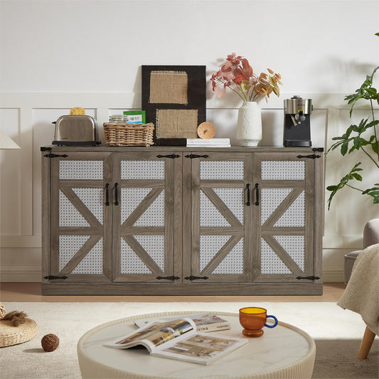 Rustic Charm Rattan Sideboard with Barn Doors