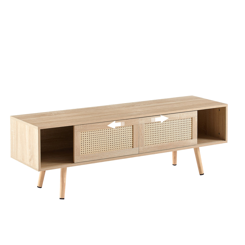 Chic Rattan TV Stand with Sliding Doors