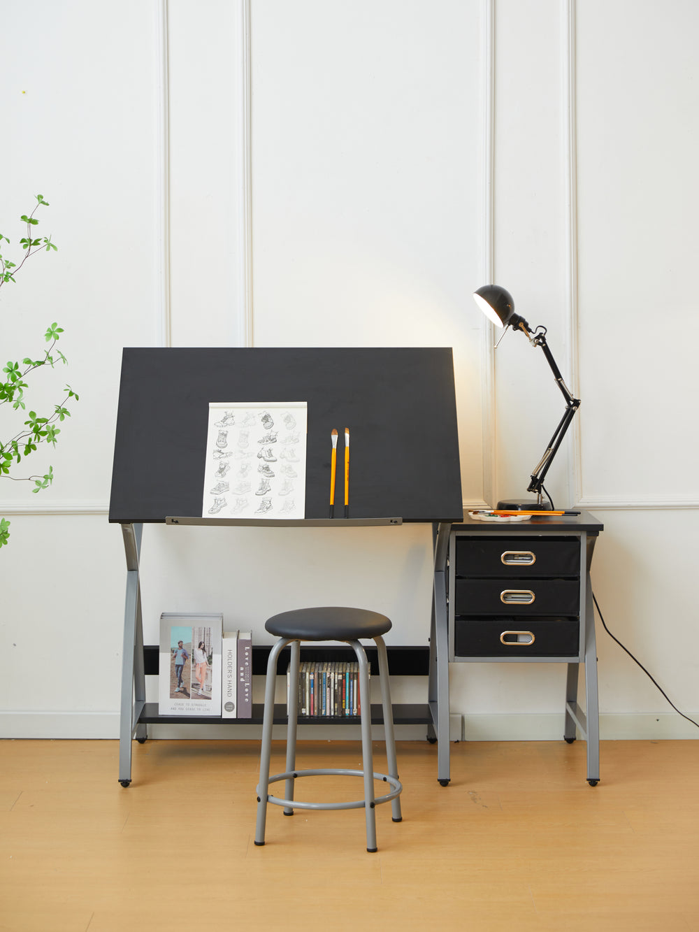 Sleek Drawing Desk with Stool