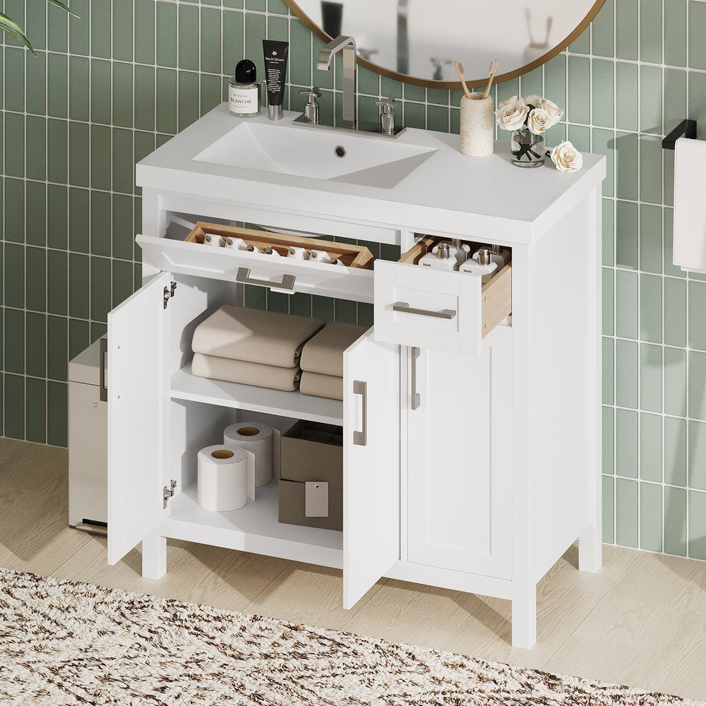 Elegant White Bathroom Vanity with Integrated Sink and Ample Storage