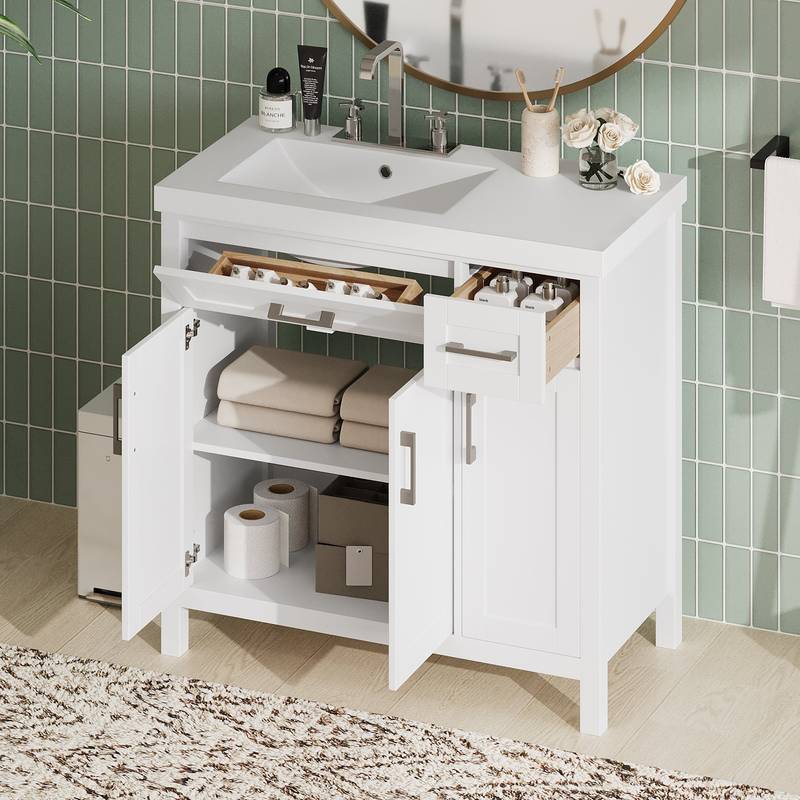 Elegant White Bathroom Vanity with Integrated Sink and Ample Storage