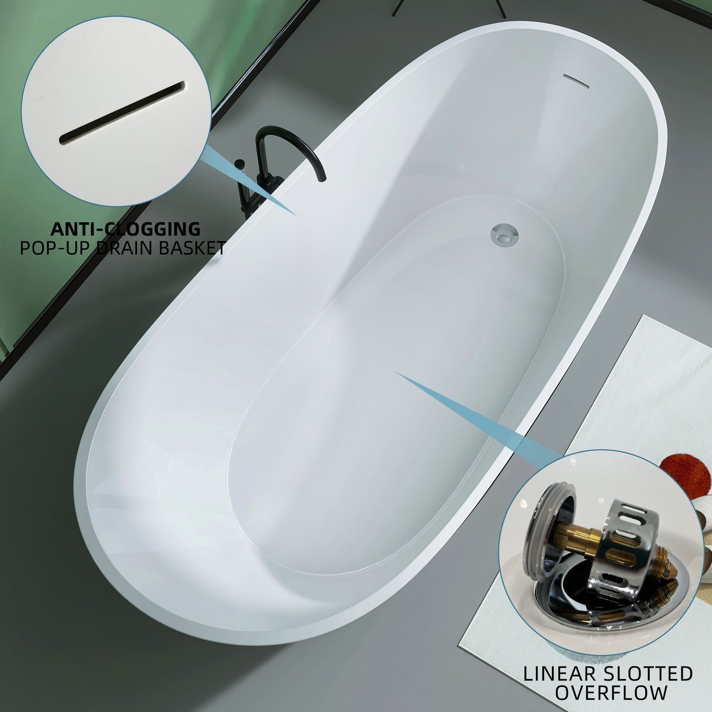 Sleek Oval Soak Tub - Stylish Adjustable Freestanding Bathtub with Easy Drain