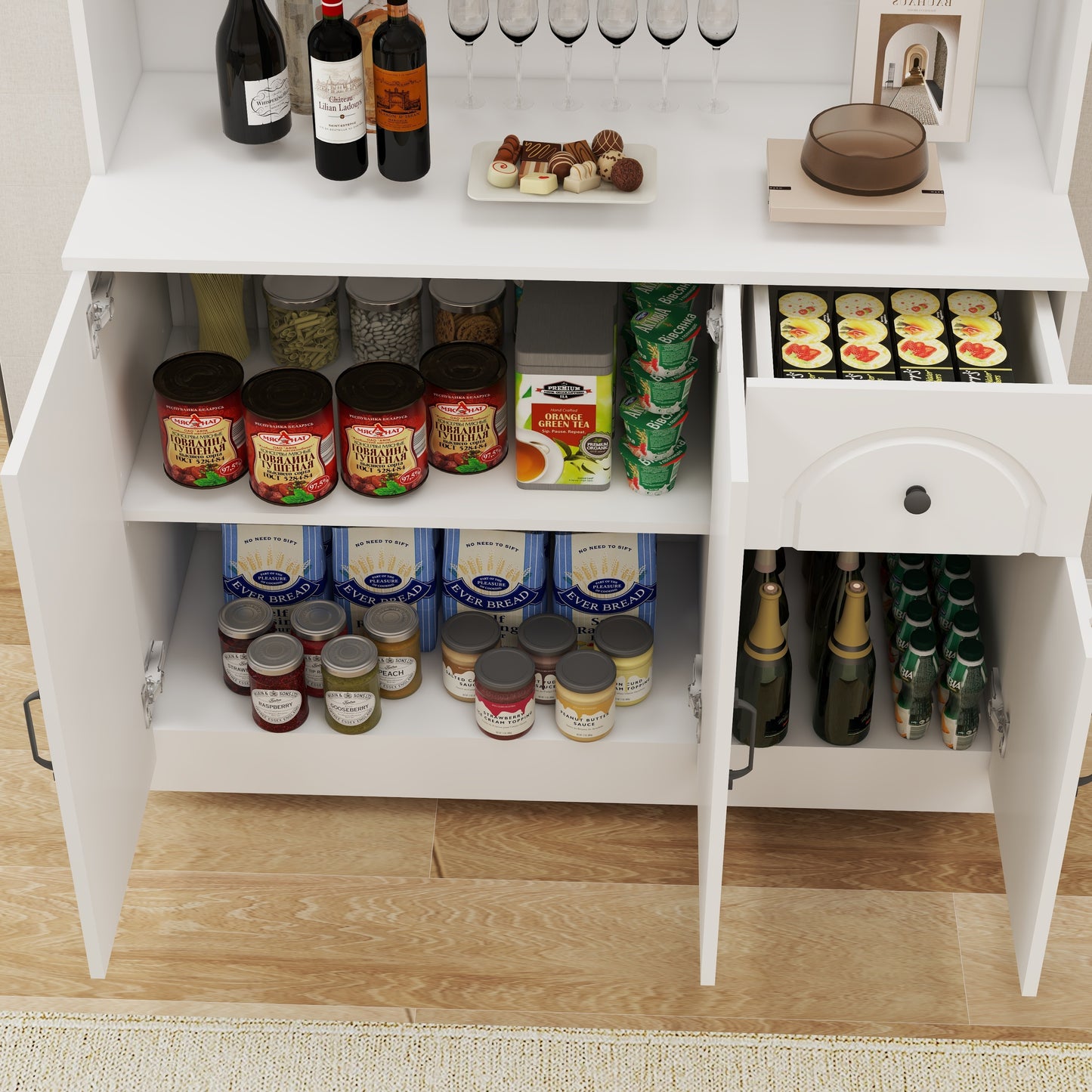 Charming White Kitchen Pantry with Countertop & Adjustable Shelves