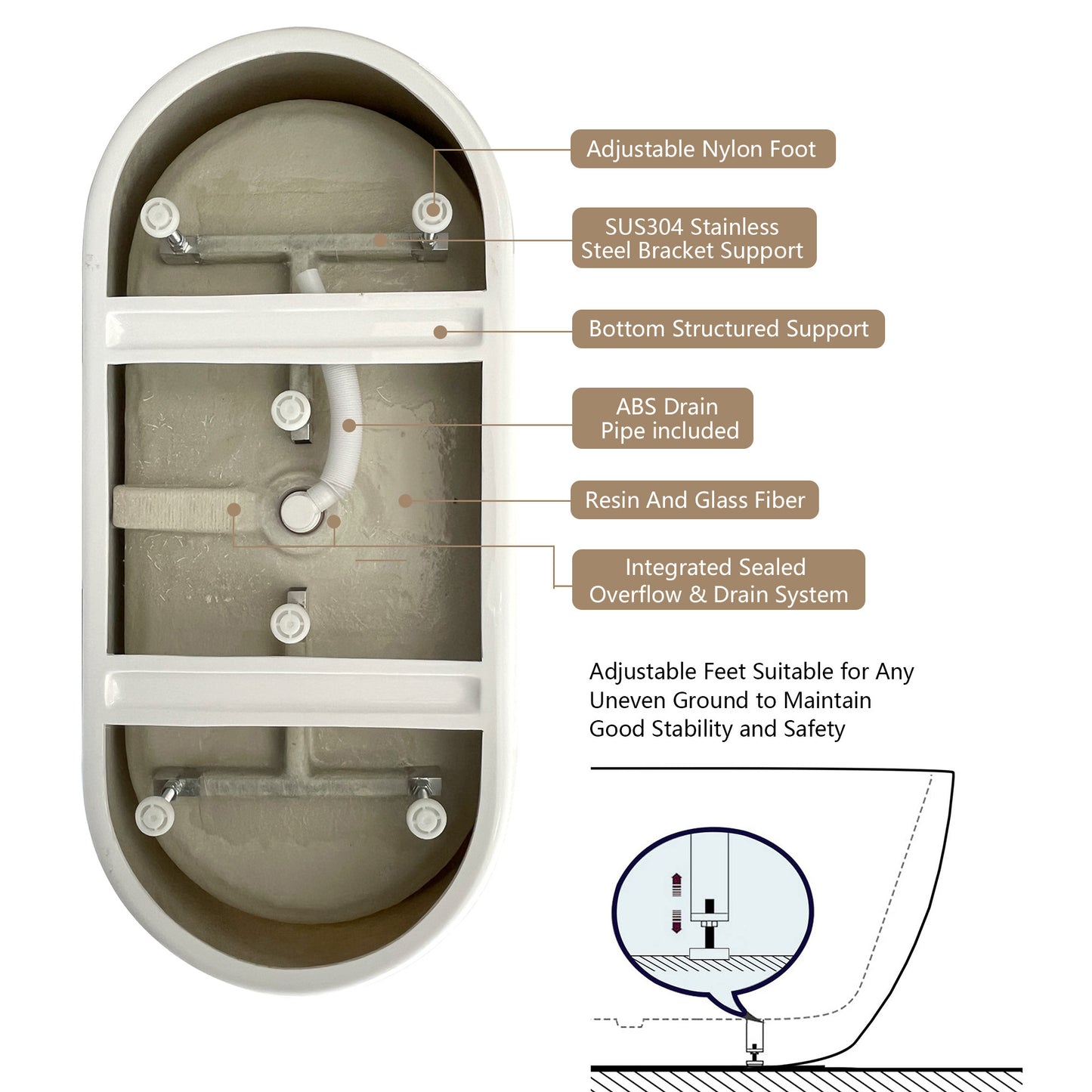 Classic Oval Soaking Tub - Stylish Free-Standing Bath with Chrome Drain