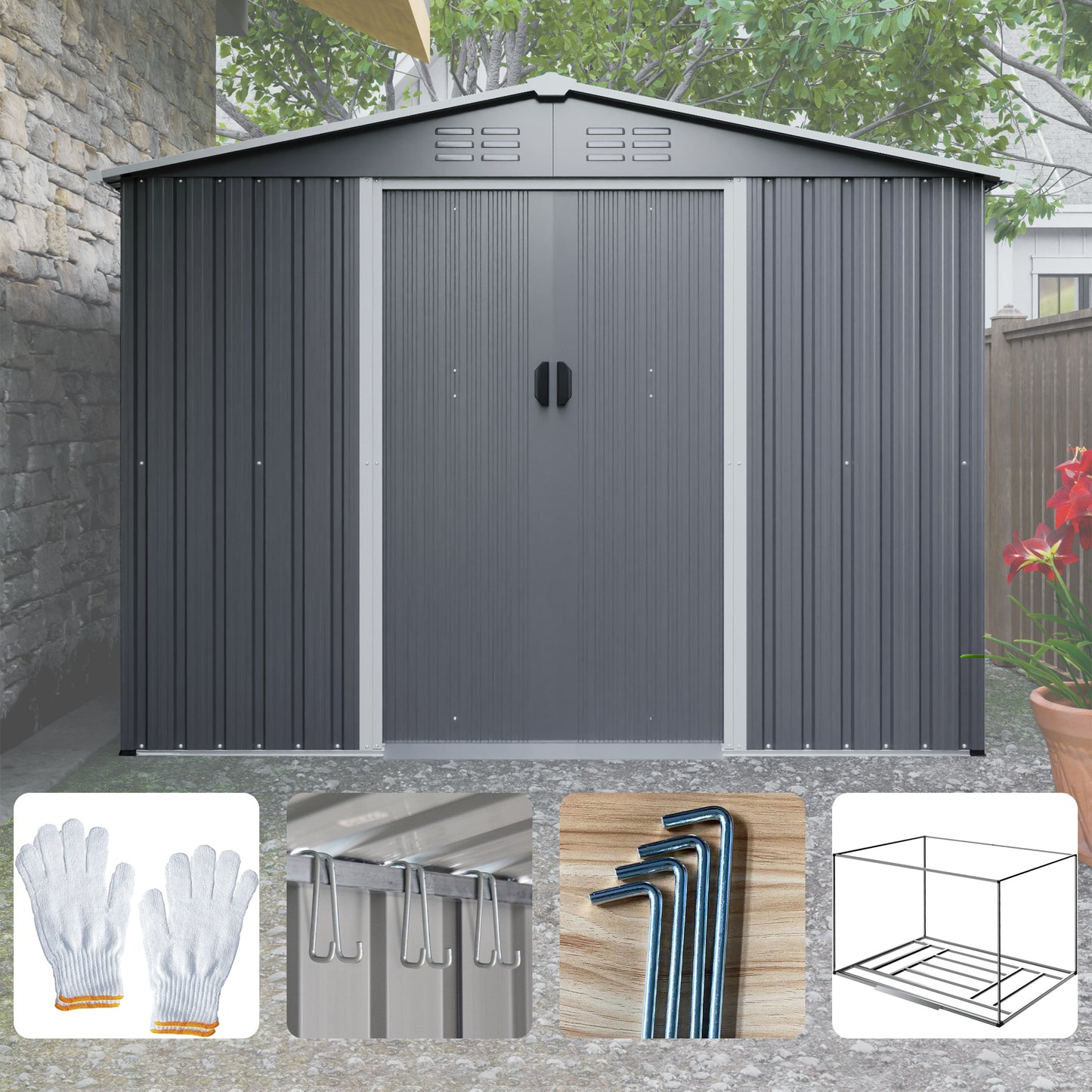 Gray Outdoor Tool Shed – Weatherproof Storage with Lockable Doors