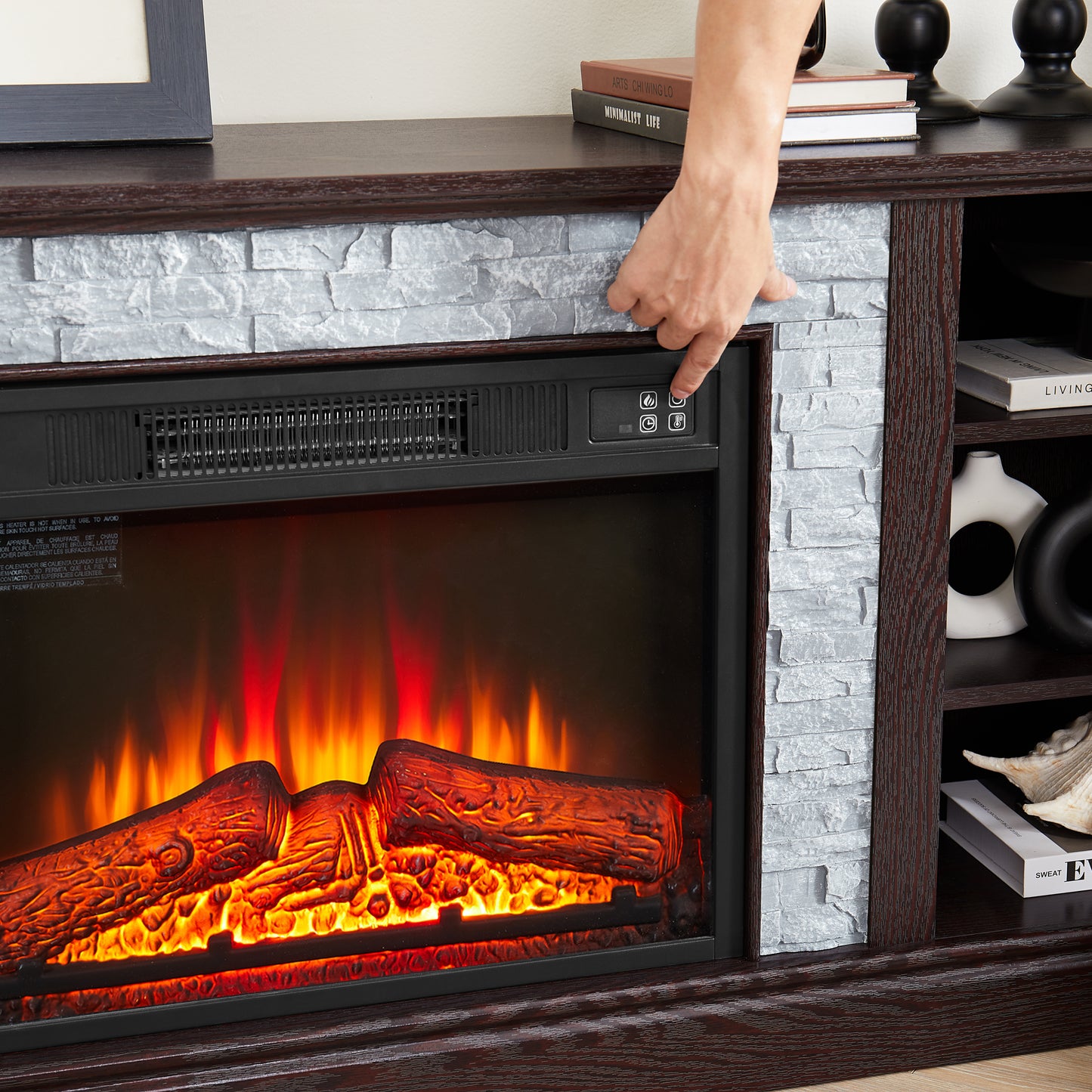 Cozy Cherry TV Stand with Faux Stone and Fireplace