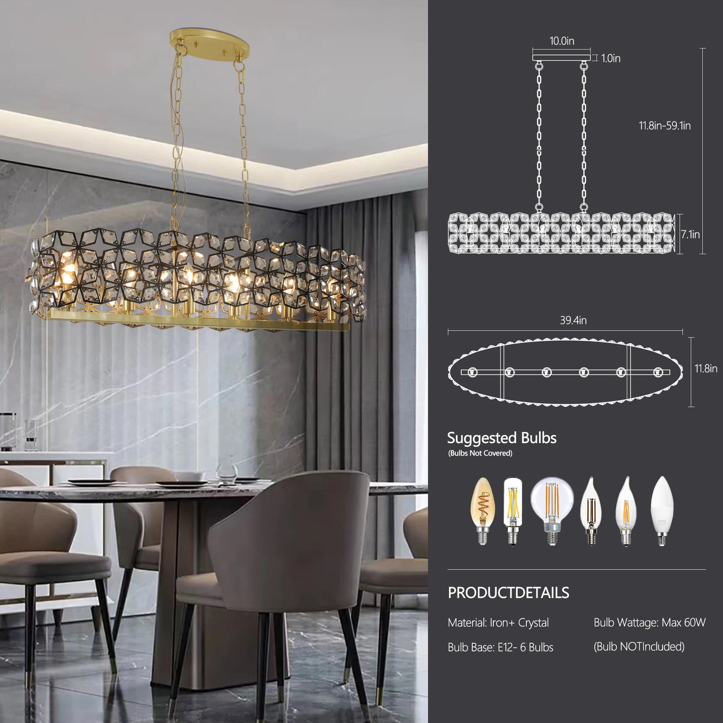 Glamorous Gold Oval Crystal Chandelier