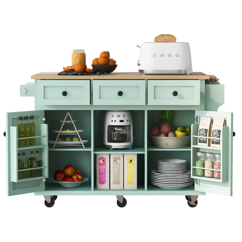 Mint Green Kitchen Island on Wheels with Drop-Leaf Countertop & Storage