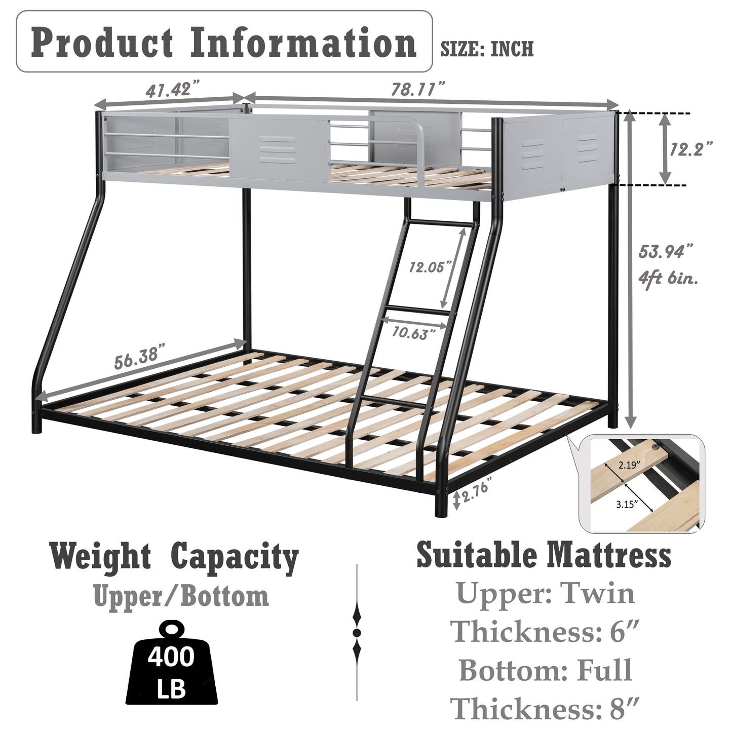 Sturdy Metal Bunk Bed with Safety Guardrails