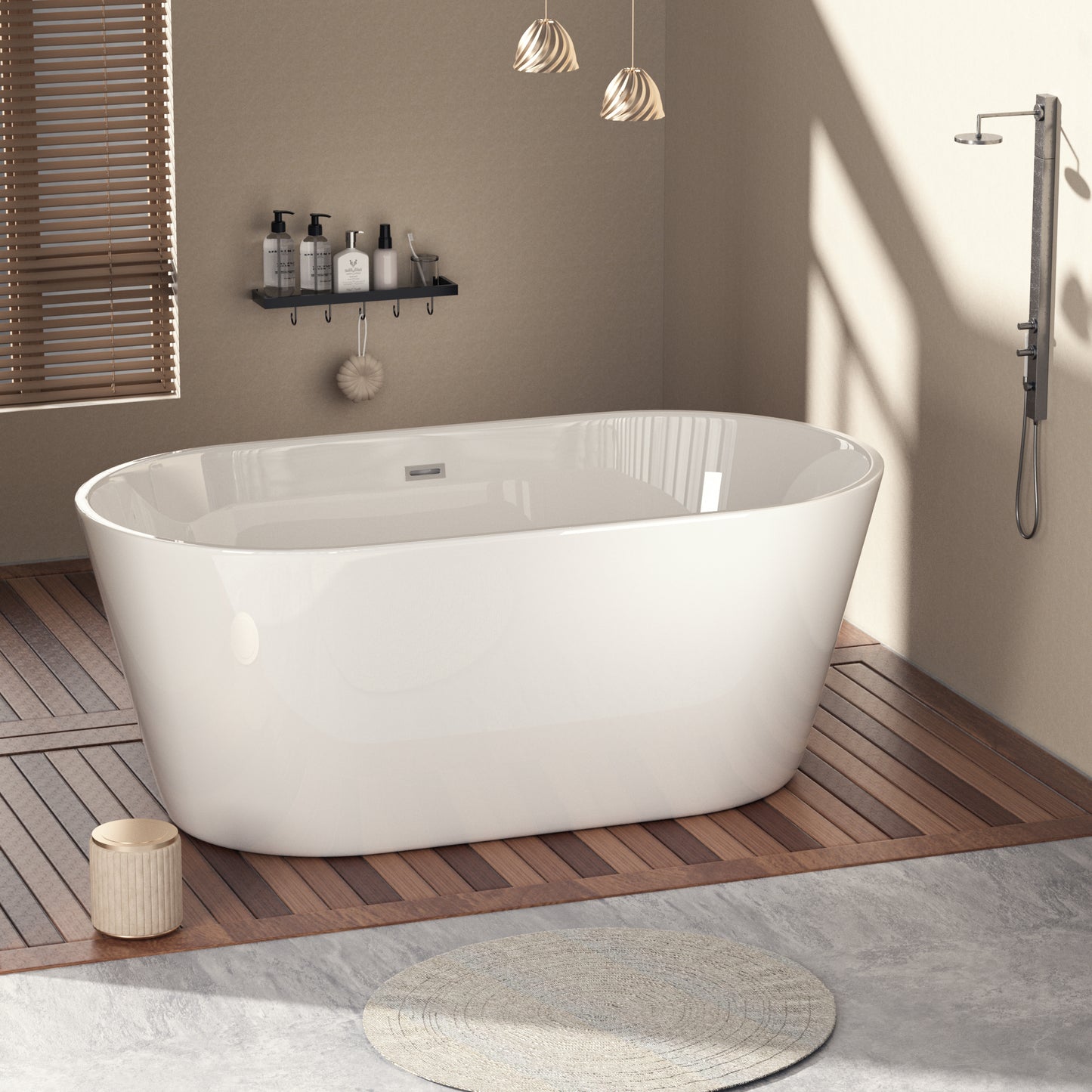 Chic White Freestanding Soaking Tub with Sleek Drain