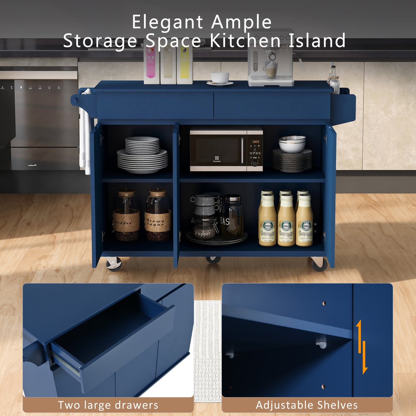 Navy Blue Rolling Kitchen Island with Drop Leaf & Storage