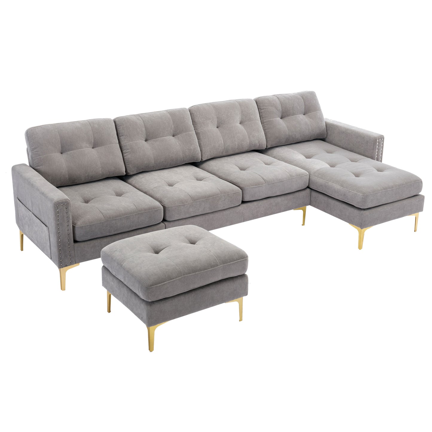 Cozy L-Shaped Sectional Sofa with Movable Ottoman - Light Grey