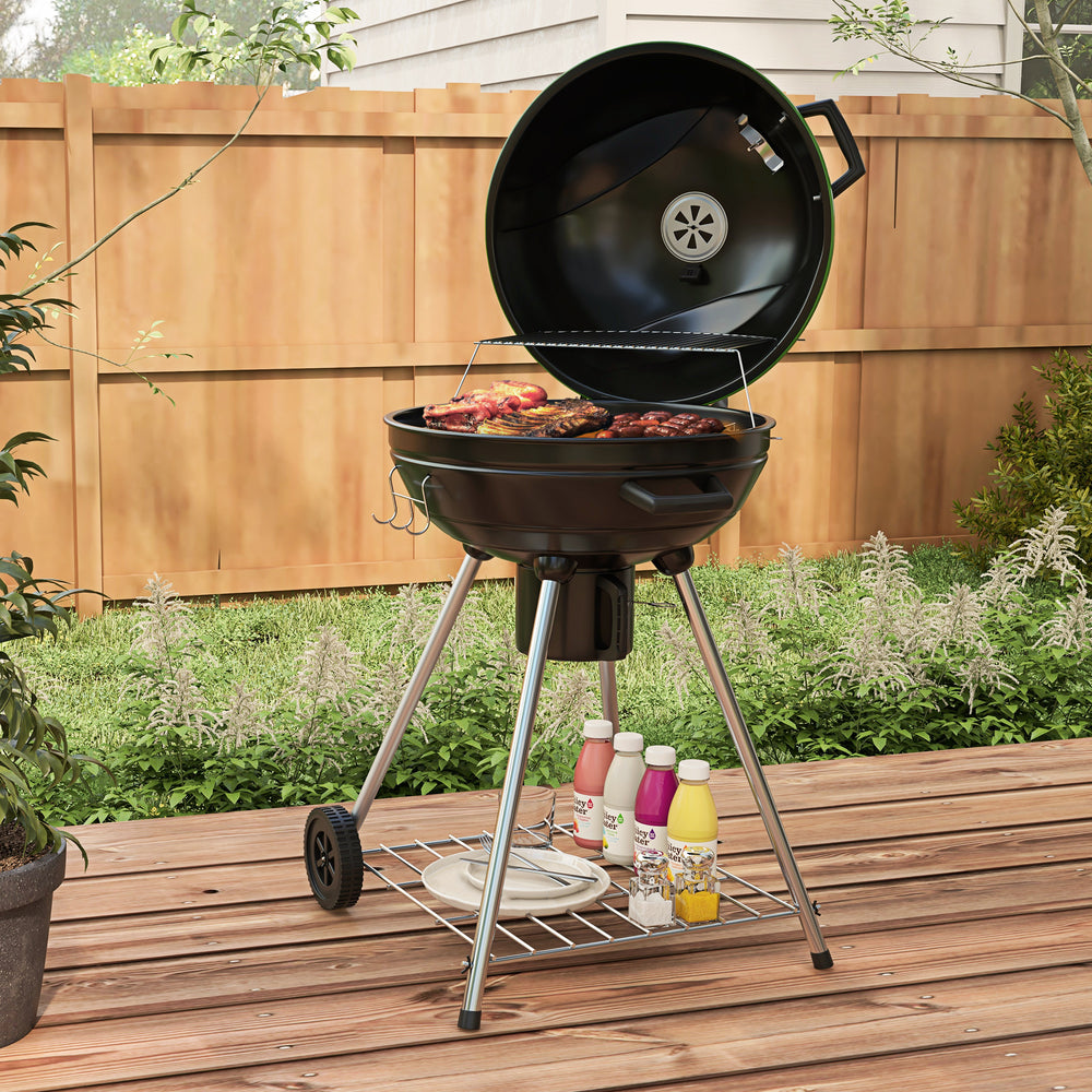 Green Kettle Charcoal BBQ Grill with Trolley & Thermometer