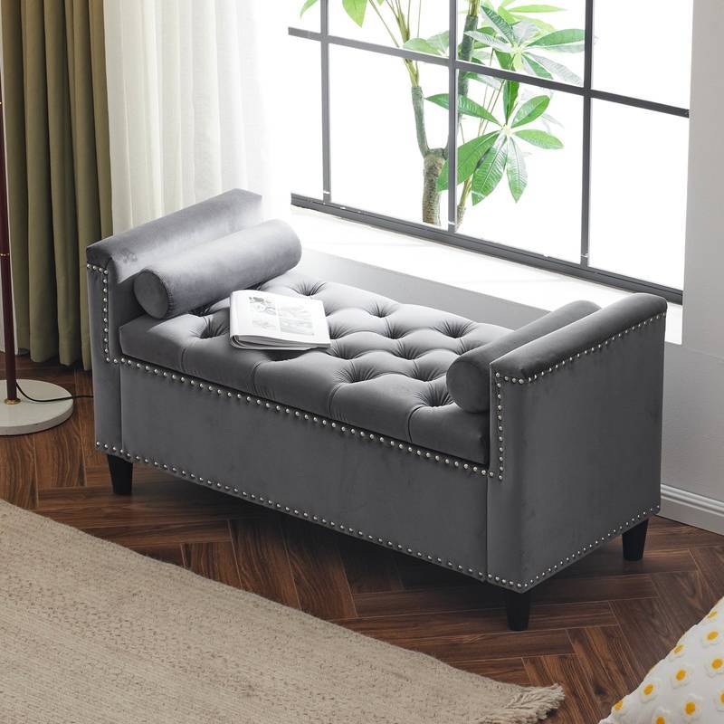 Chic Velvet Storage Bench with Armrests