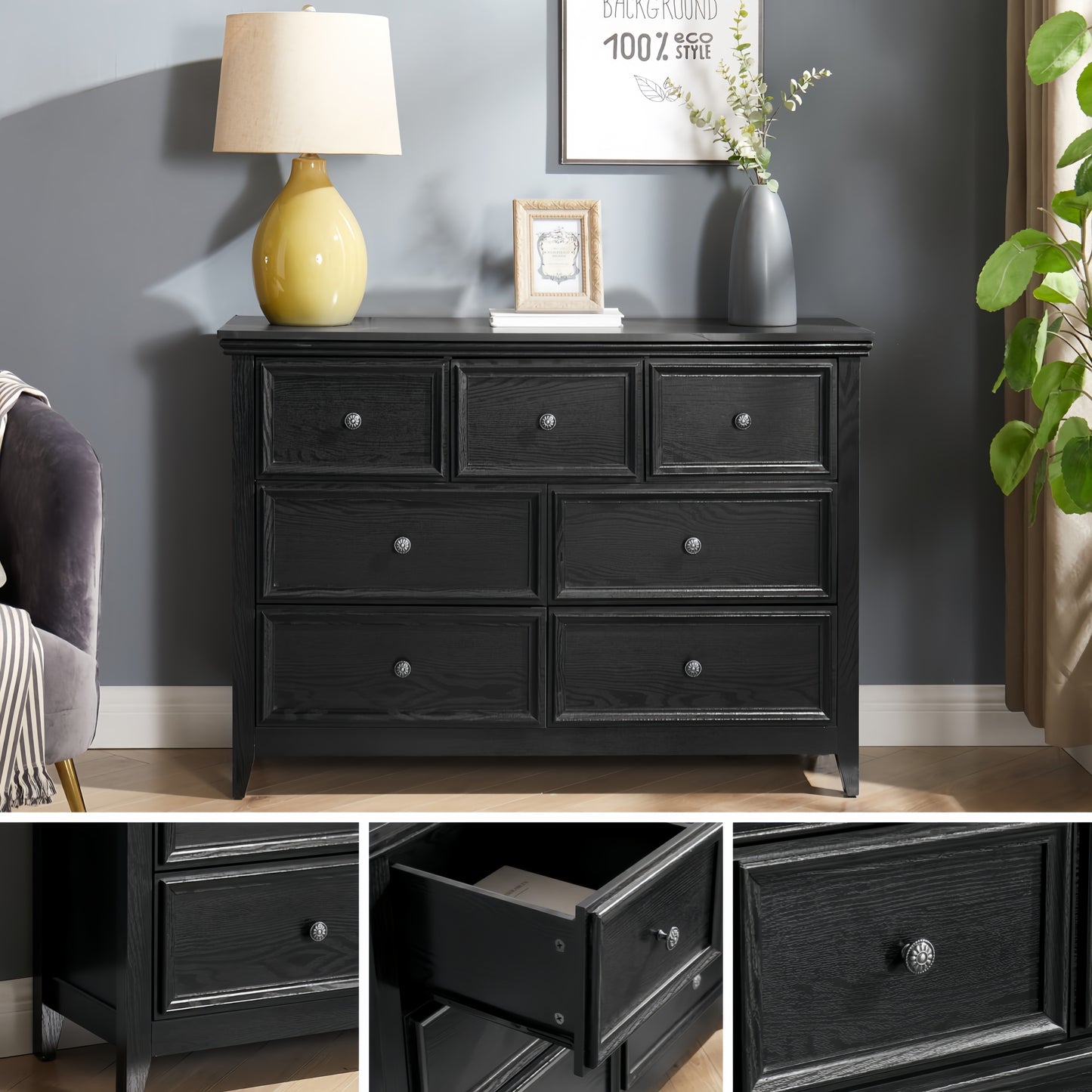 Chic Black 7-Drawer Dresser