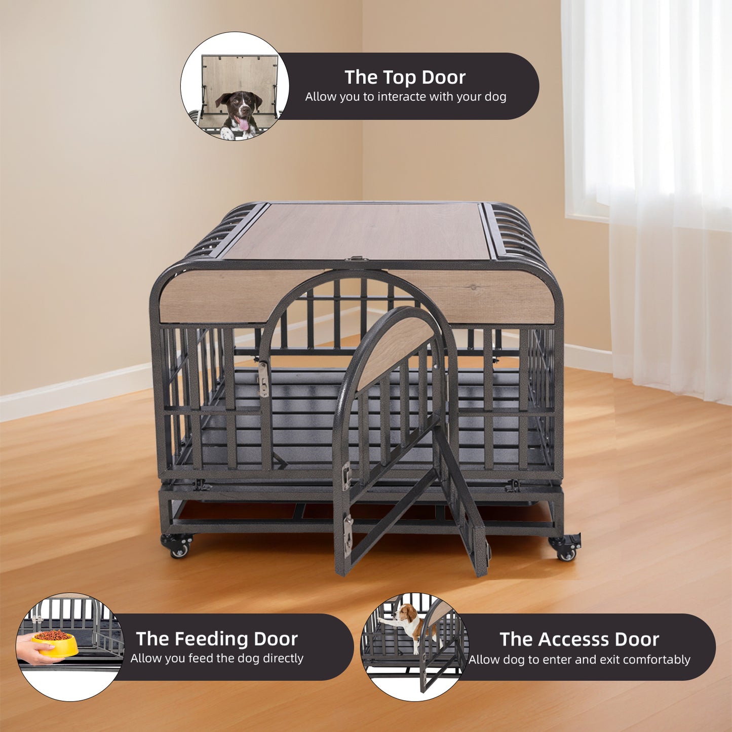 Stylish Heavy Duty Dog Crate with Wheels and Easy-Clean Trays