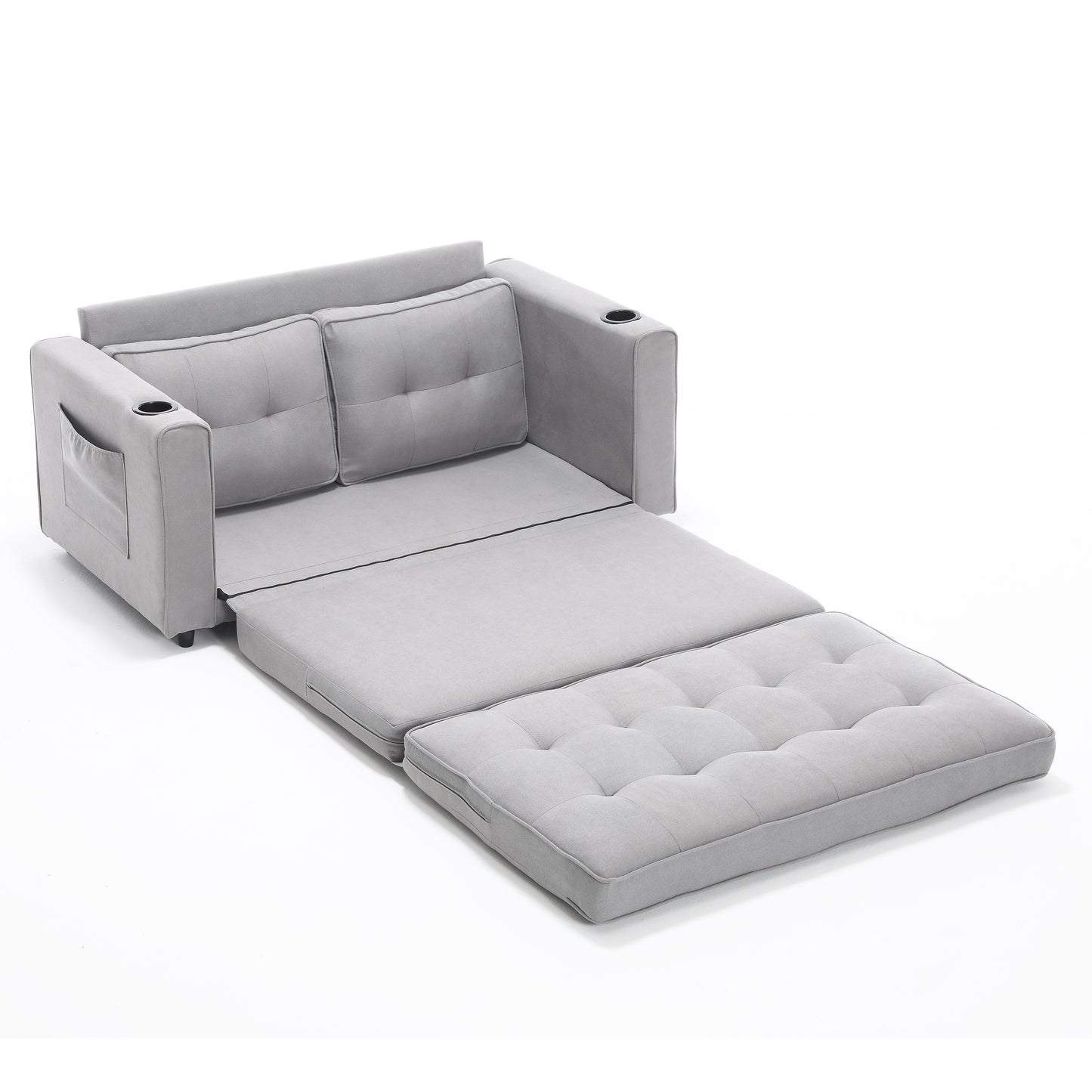 Cozy Convertible Futon Sofa Bed – Light Gray Loveseat with Side Pockets & Cup Holder