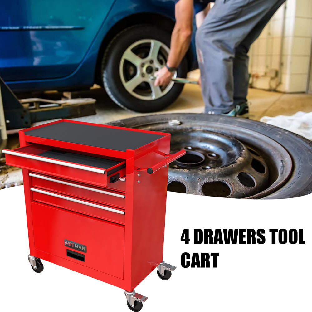 Rolling Red Tool Cart with Four Drawers