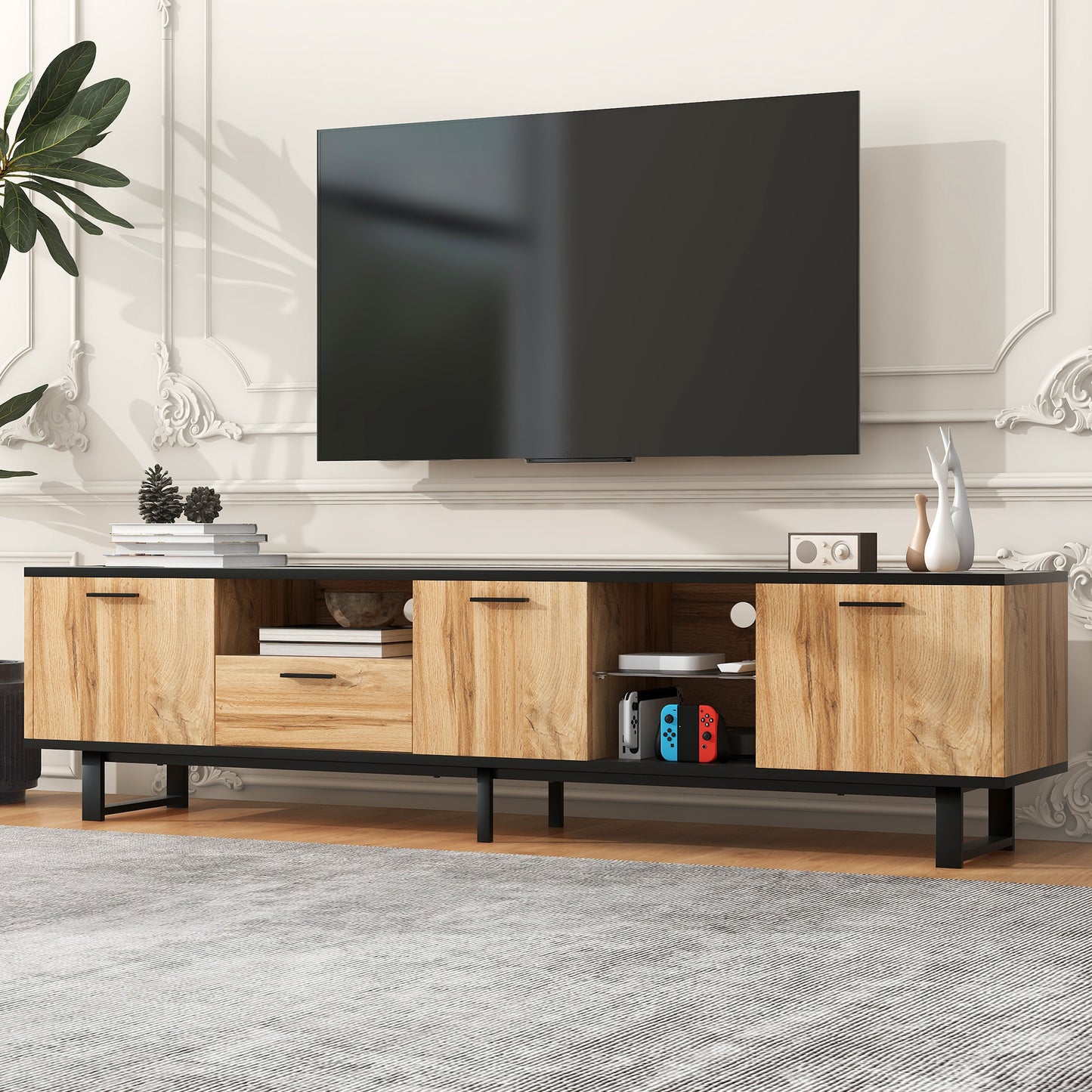 Sleek Media Console with Cabinets and Open Shelves