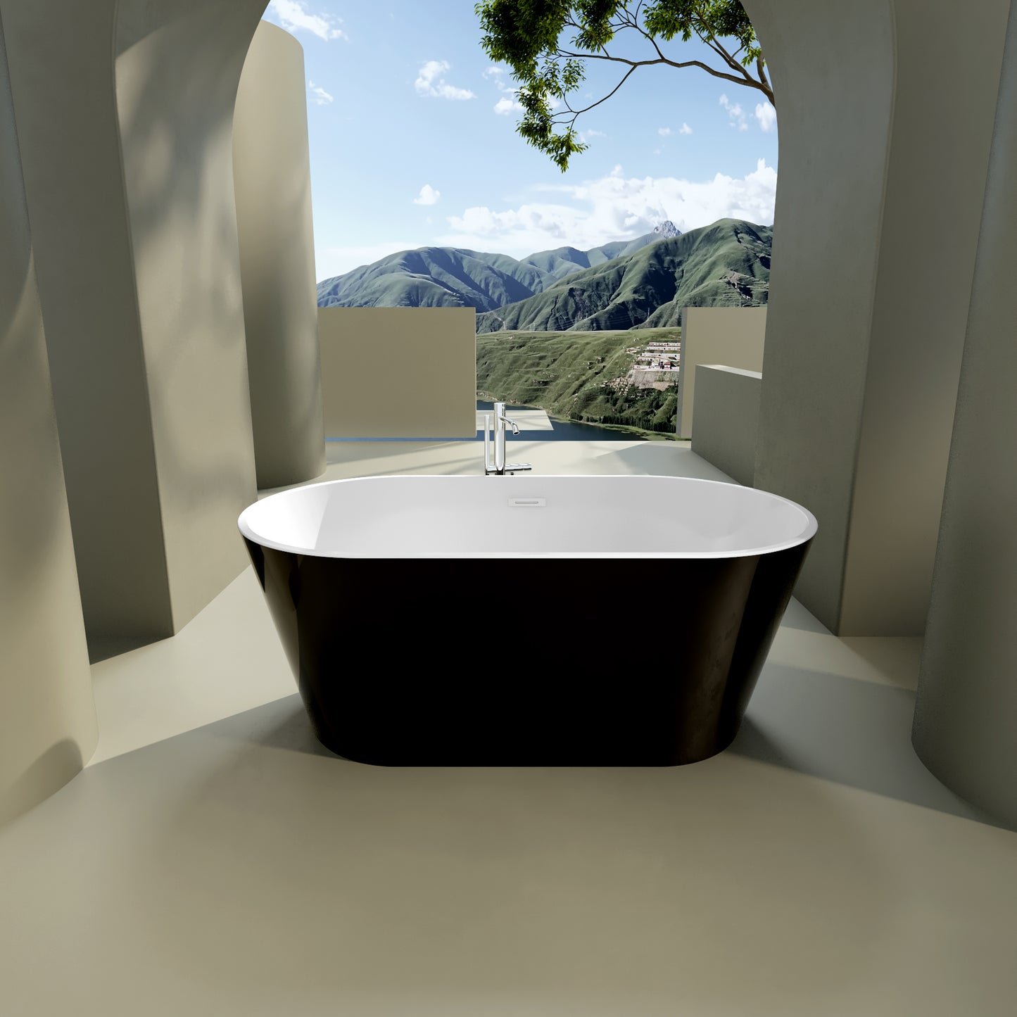 Sleek Black Freestanding Soaking Tub with Chrome Finish