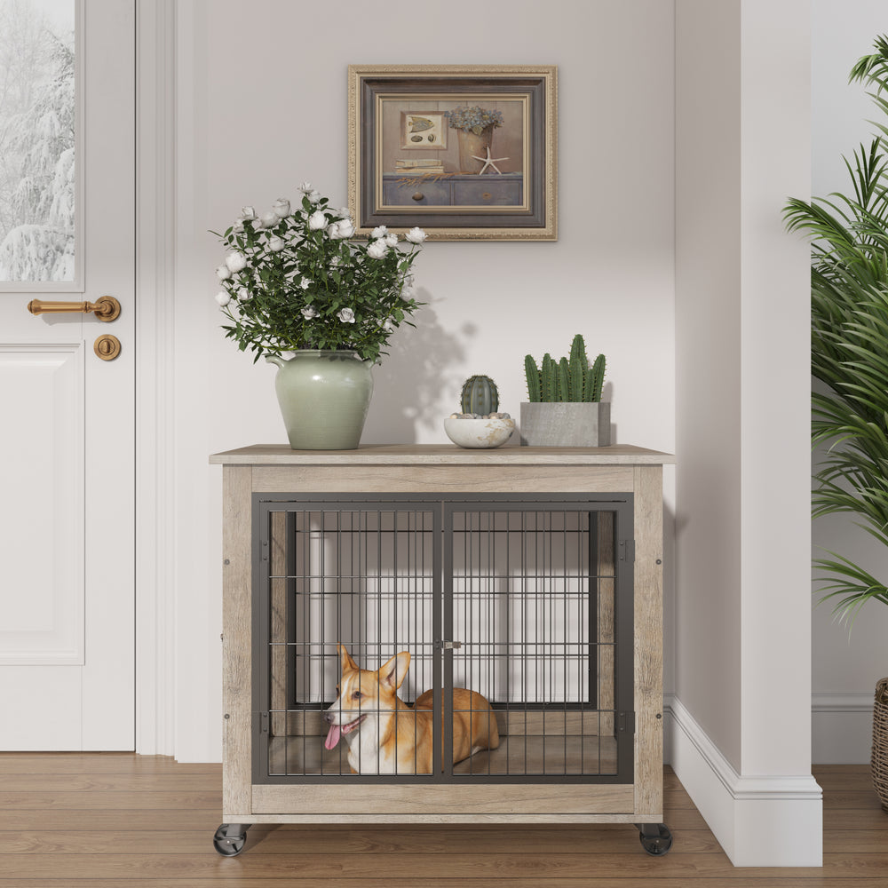 Stylish Rolling Dog Crate with Double Doors