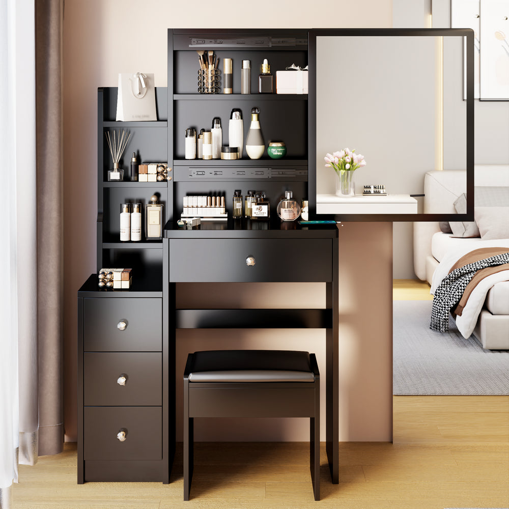 Chic Space-Saver Vanity Set with Cushioned Stool and Sleek Sliding Mirror