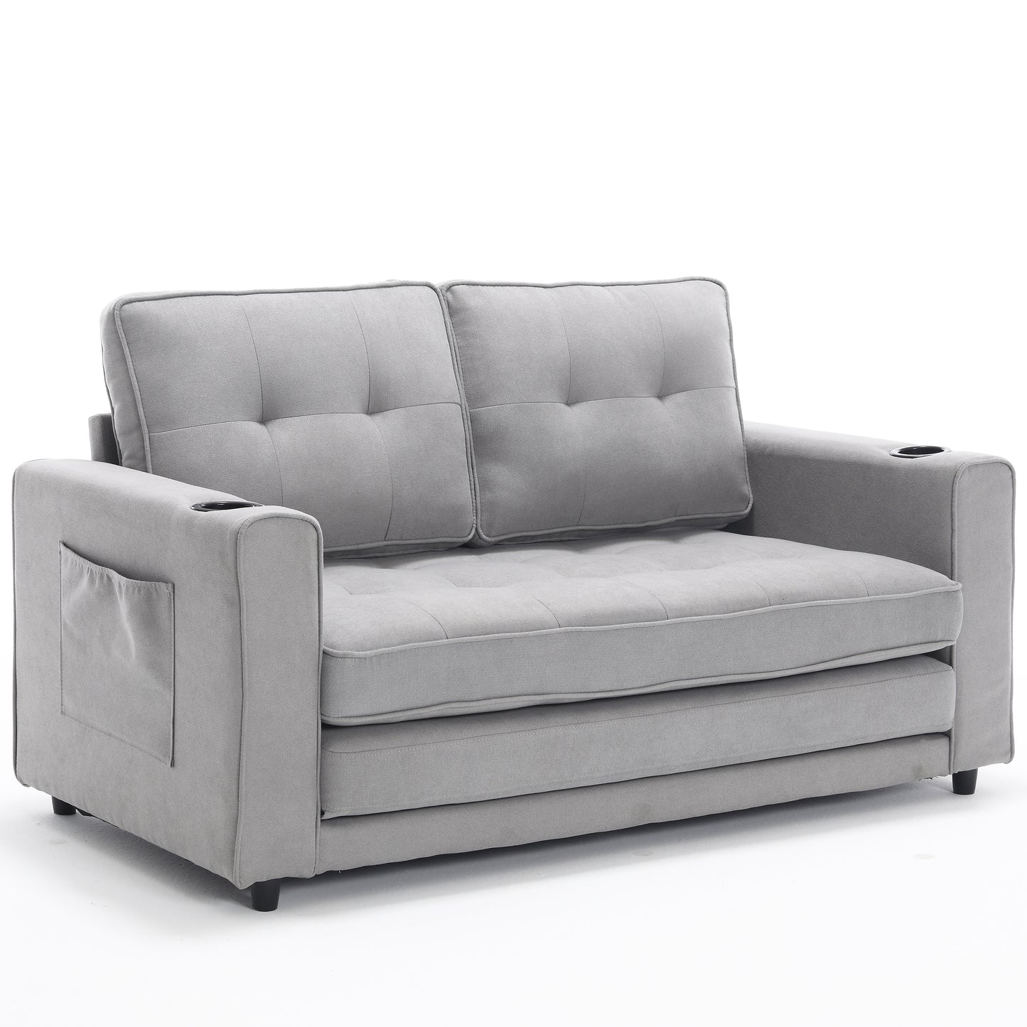 Cozy Convertible Futon Sofa Bed – Light Gray Loveseat with Side Pockets & Cup Holder